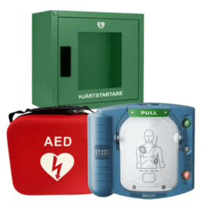 Philips hjärtstartare med ett grönt skåp och väska