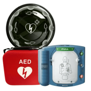 Philips hjärtstartare med en väska och rotaid plus skåp