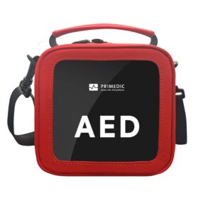 HeartSave MyPAD Smart hjärtstartare med väska – kompakt, uppkopplad och lätt att använda med LCD-skärm och HLR-feedback.